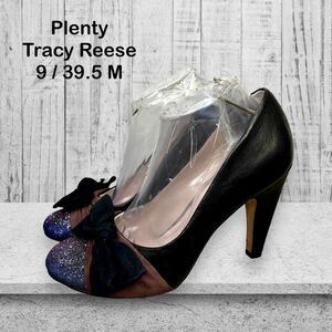 Plenty Tracy Reese Blk Leather Bow Glitter Toe High Heel Pump Womens Size 9/39.5